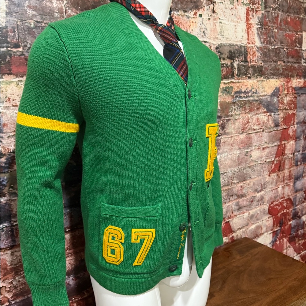 NEW POLO RL Green Cardigan with Yellow Letter P Patch - Picture 2 of 9